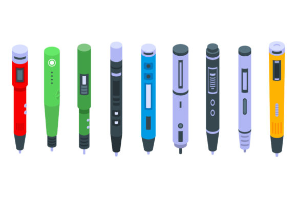 3d Pen Icons Set, Isometric Style